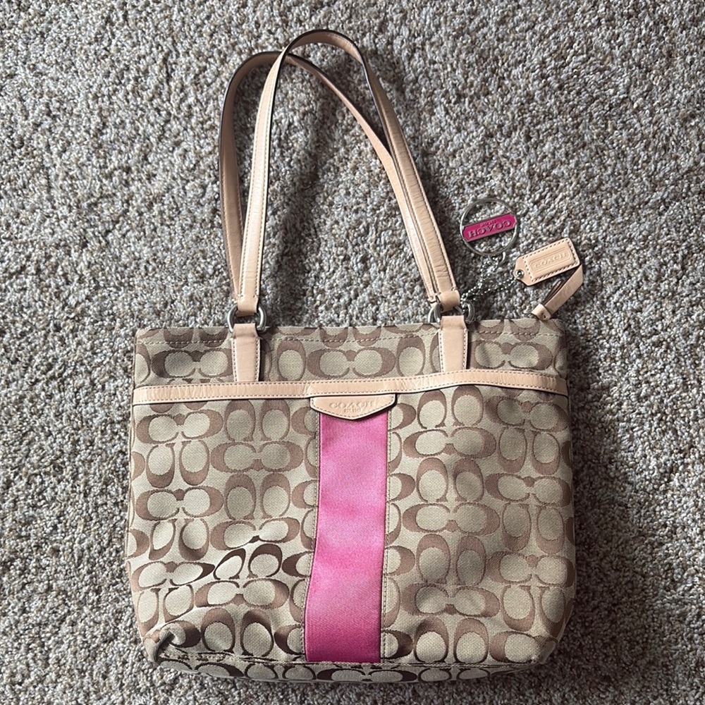 Coach Brown and Pink Stripe Shoulder Bag with Signature Monogram